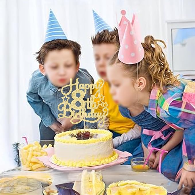 1 Pack Happy 8th Birthday Cake Topper Gold Glitter 8th Birthday Cheers to 8 Years Old Cake Pick for Celebrating Anniversary Party Cake Decorations Supplies
