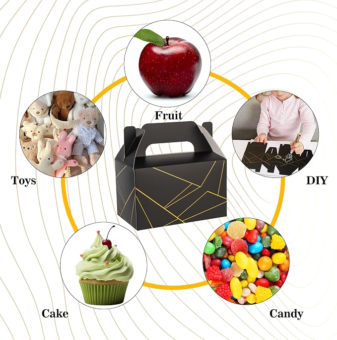 10 PCS Black Gable Favor Treat Boxes, 6.5 x 4 x 4 Inches Elegant Gift Box with Handle for Guests, Goodie Gift Boxes for Candy, Cookie, Busniess, Father's Day, Graduation, Birthday, Wedding, Line