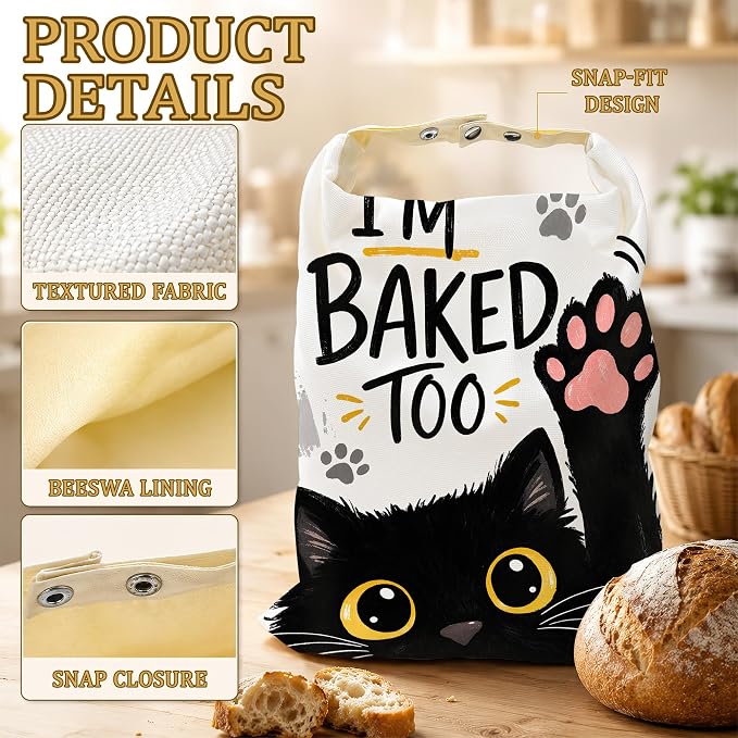 2 Pack Beeswax Funny Baker Black Cat Bread Bags for Sourdough, Reusable Linen Bread Bag 17x13'' Food Storage Cloth Bag Freezer-Friendly & Freshness Preservation