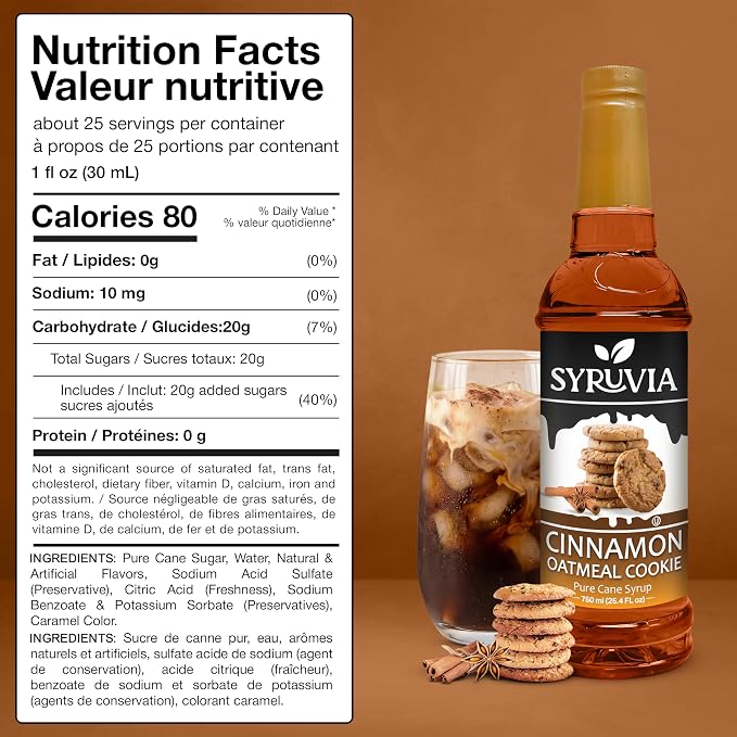 Syruvia Coffee Syrup, Cinnamon Oatmeal Cookie Flavored Syrup for Drinks, Lattes, and Desserts – 25.4 fl oz - with Pump