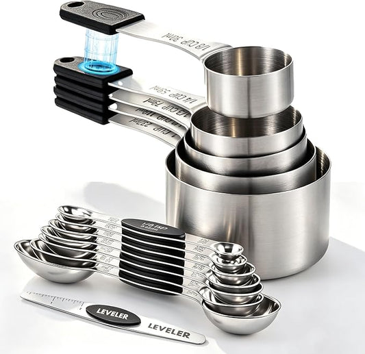 -BINGBING- Magnetic Measuring Cups and Spoons Set of 13, Stainless Steel | 5 Magnetic Cups and 8 Double-Sided Spoons with Leveler, Stackable, Kitchen Gadgets for Cooking and Baking