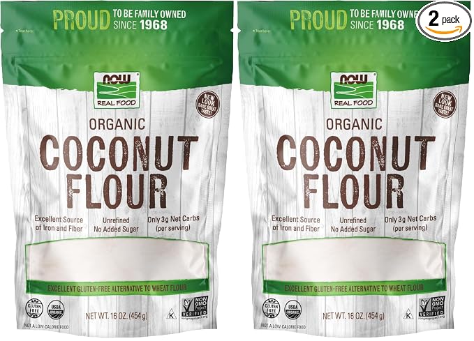 NOW Foods, Organic Coconut Flour, Unsweetened, Excelent Source of Fiber, No Added Sulfites, Certified Non-GMO, 16-Ounce (Packaging May Vary) (Pack of 2)