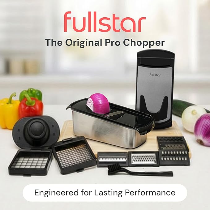 Fullstar Pro Original Vegetable Chopper & Mandoline - Chopper & Mandoline Lids - Food Chopper with Container, Fruit Slicer Onion Dicer - All-in-One Prep Tool - Kitchen Gadgets & Gifts (14 in 1, Steel)