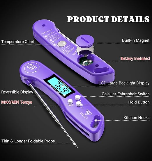 DOQAUS Digital Meat Thermometer, Instant Read Food Thermometer for Cooking, Kitchen Probe with Backlit & Reversible Display, Cooking Temperature Probe for Turkey, Grill, BBQ, Baking