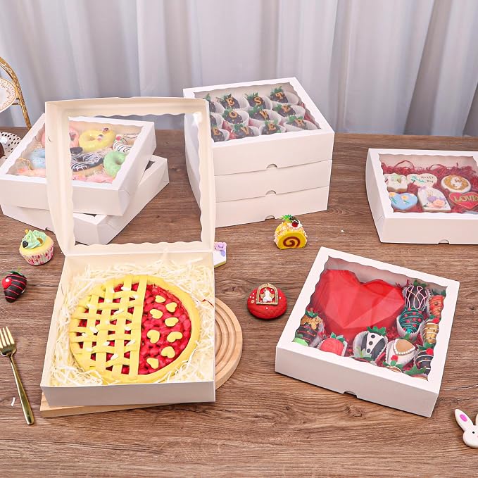 TEMLQPACK 6pcs 10x10x2.5 Inches White Bakery Boxes with Window, Pie, Cookies, Chocolate Covered Strawberries, Breakable Heart, Charcuterie Boxes for Christmas
