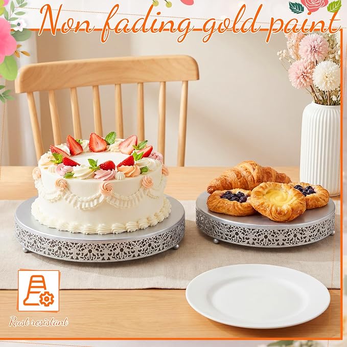 Wenqik 2 Pack Cake Stand Set, 14/16 Inch Metal Round Cupcake Dessert Stand Decorative Elegant Cake Display for Weddings Party Birthday Baby Showers Anniversary(Floral Lace,Silver)