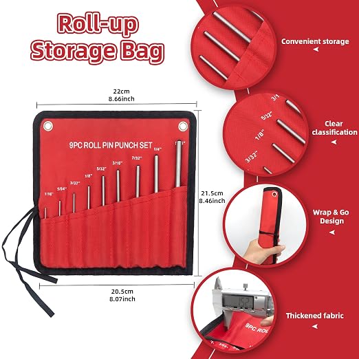 9-Piece Roll Pin Punch Set - Precision Steel Punches for Gunsmithing, Watch Repair & DIY (1/16" to 1/4") - Includes Tool Pouch, Ideal for Firing Pin Removal, Nail Punching & Building Projects