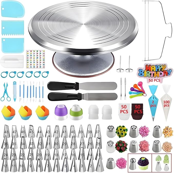 Cake Decorating Kit, 357 Pcs Baking Supplies | Aluminium Cake Turntable, Leveler, 50 Icing Tips, 8 Russian+Ball Tips, 2 Spatulas, 102 Pastry Bags, 109 Cupcake Liners & More