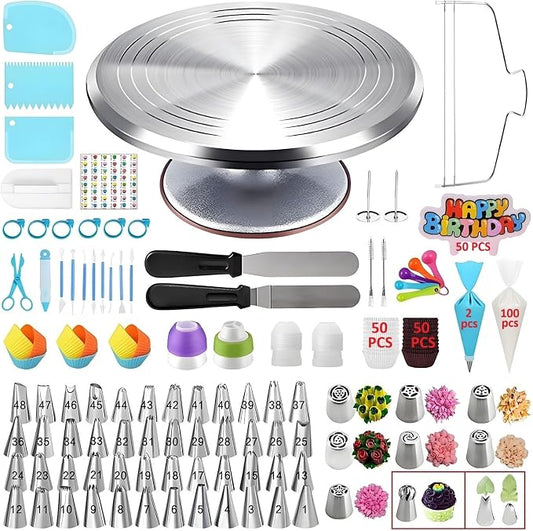 Cake Decorating Kit, 357 Pcs Baking Supplies | Aluminium Cake Turntable, Leveler, 50 Icing Tips, 8 Russian+Ball Tips, 2 Spatulas, 102 Pastry Bags, 109 Cupcake Liners & More