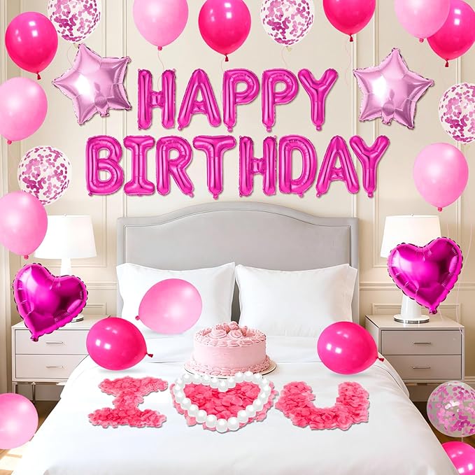 Hot Pink Happy Birthday Balloons Decorations Light Pink Birthday Balloon Letters Banner with Star Heart Balloons 1000 Pcs Artificial Rose Petals 24 Flameless LED Candles for Birthday Party Supplies