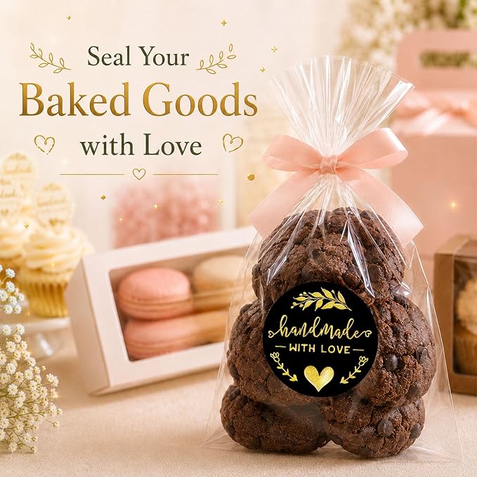 100PCS Handmade with Love Stickers, Black Gold Foil Labels for Small Business Packaging, Bakery Cookies, Gift Wrapping, Candy Table, Wedding Baby Shower Party Favor Stickers.1.6 inch (Black+Gold)