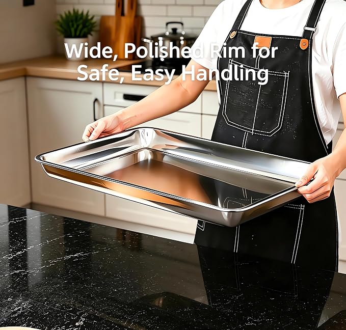 23.5"x15.5" 304 Stainless Steel Baking Pan & Crisping Tray Set | 2-Pack, Heavy Duty, Uncoated Non-Toxic, Commercial Grade, Deep Solid Pan & Perforated Tray, For Roasting Thawing Draining