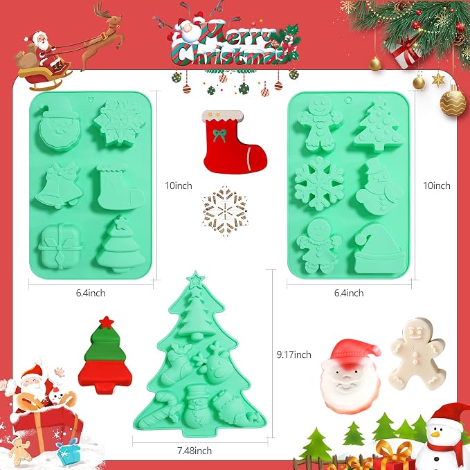 Silicone Christmas Mold - 3 Pack Nonstick Chocolate & Candy Mold for Baking, Cake Decoration & Handmade Soap - Includes Xmas Tree, Santa & Snowman