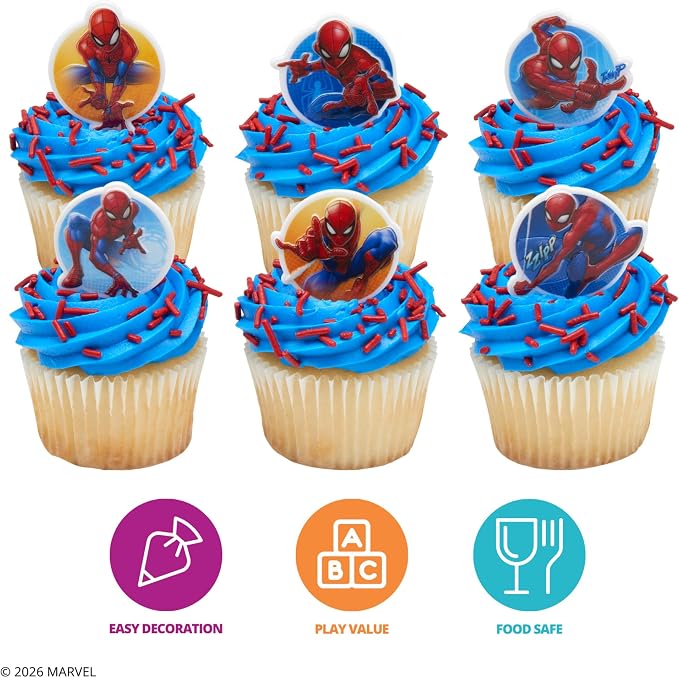 Marvel's Spider-Man Rings | 24 | Neighborhood Hero Cupcake Toppers For Birthday Parties & Celebrations, Food Safe - 24 Pack