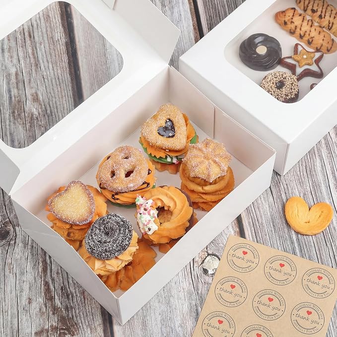 YEKTFS 24 Pack Cookie Boxes with Window, 9x6x3 Inch White Bakery Containers for Desserts, Candy, Muffins, Donuts, Chocolate Covered Strawberries & Gift Giving