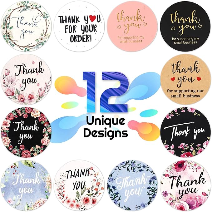 Thank You Small Stickers Rolls, 2500Pcs 1 Inch Thank You for Supporting My Small Business Envelope Seals, 5 Rolls 12 Patterns for Wedding, Birthday, Party Gift Wrap Bag