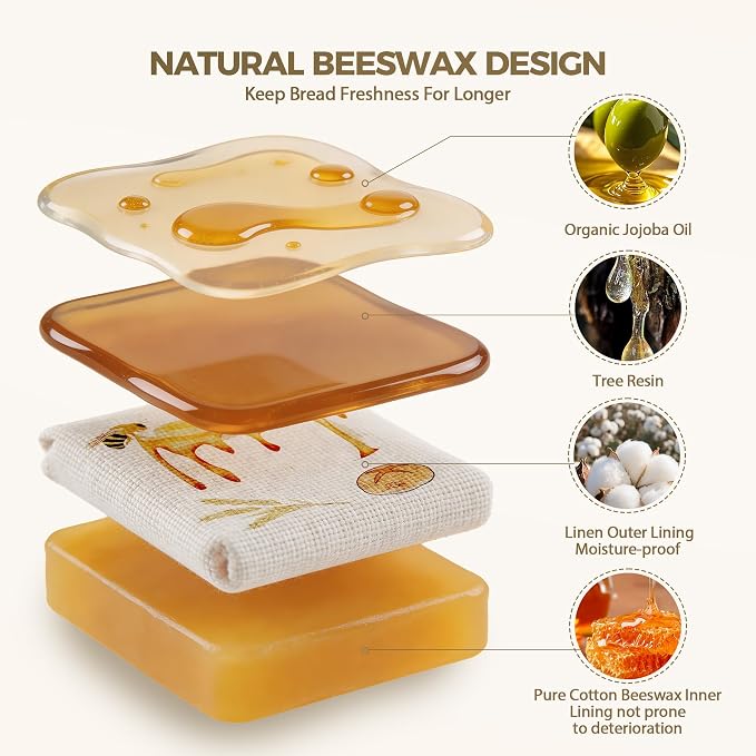 2 Packs Wide Zipper Access Beeswax Bread Bags for Homemade Bread,Linen Outer Lining and Pure Cotton Beeswax Inner Lining Moisture-proof Construction,Reusable XLBread Bag with Zip Keeps Fresh Longer