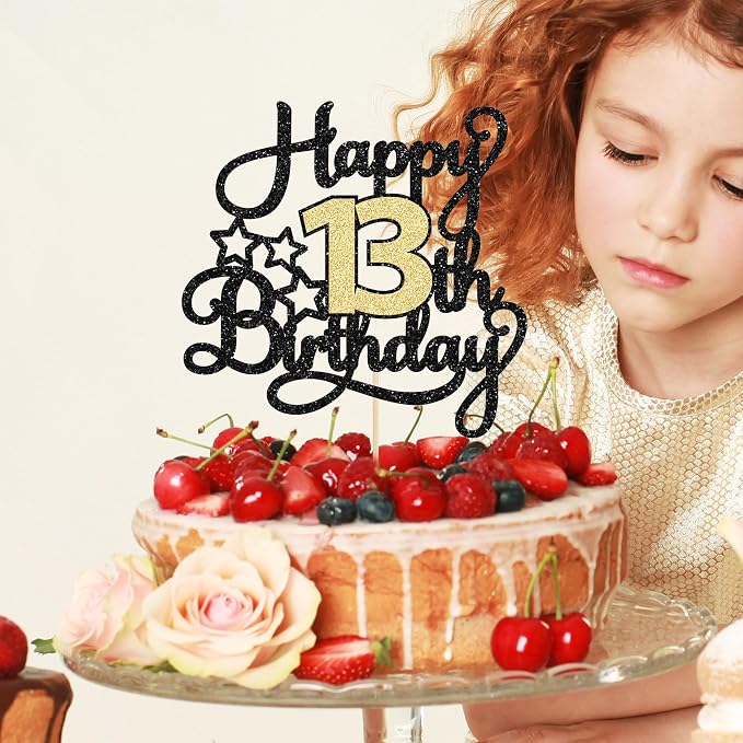 1Pc Happy 13th Birthday Cake Topper Black Gold Glitter Cheers to 13 Years Birthday Cake Pick 13 Official Teenager Cake Decoration for Happy 13th Birthday Anniversary Party Supplies