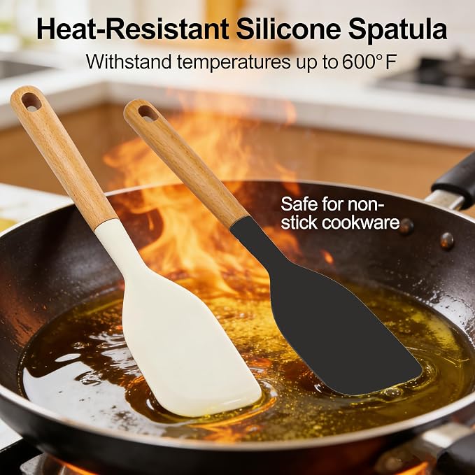 2PCS Heat Resistant Silicone Spatula Set, Silicone Spatula Wooden Handle, Rubber Spatula for Baking, Losing Weight Meal & Salad, Versatile Kitchen Tool, Mixing, Frosting, Heat Resistant 600°F