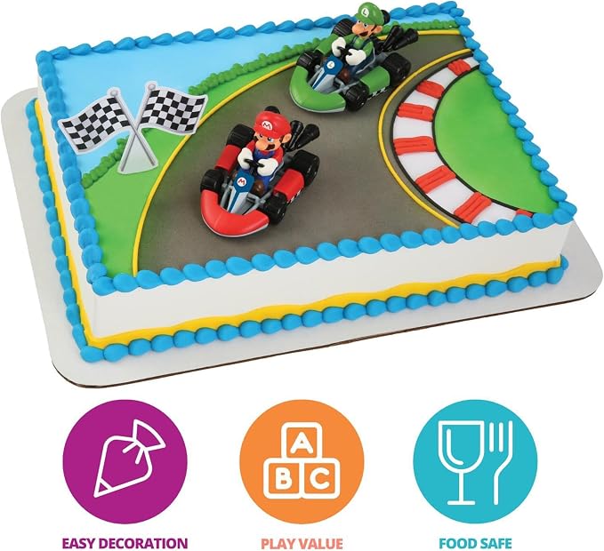 DecoSet® Mario Kart™ Cake Topper, 3 Piece Cake Decoration with Race Kart Toppers & Checkered Flag Decoration, Collectible Character Karts for Hours of Fun After the Party