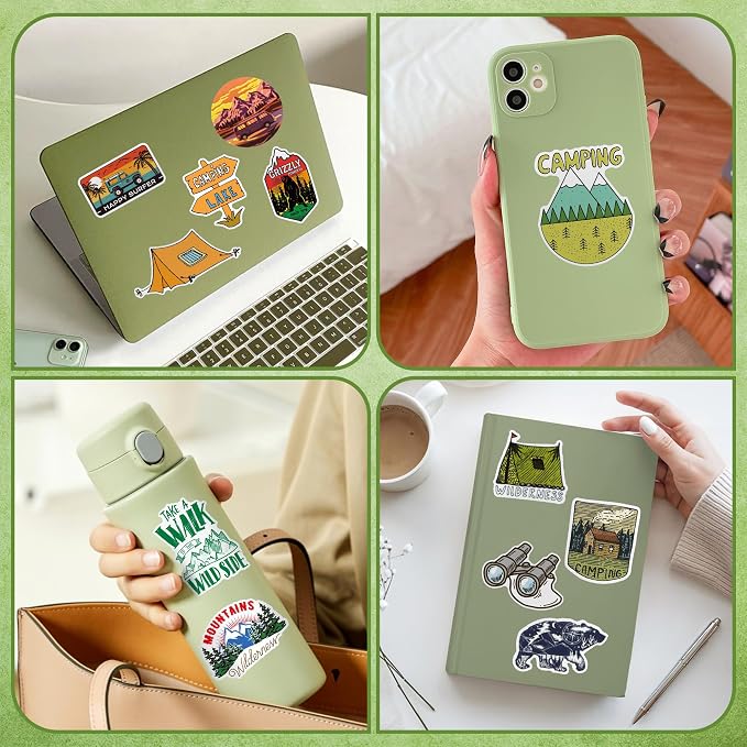 100 Pcs Camping Stickers for Scrapbooking, Waterproof Vinyl Outdoor Adventure Hiking Tent Nature Stickers for Laptops Water Bottles Journals, Decorative Decals for Teens Students Adults