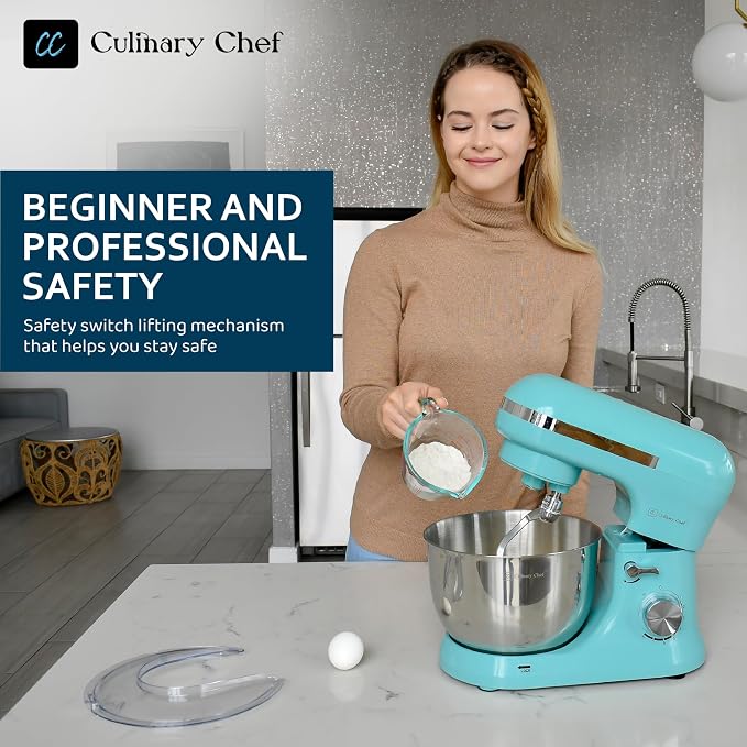 CULINARY CHEF 4.5L Stand Mixer with Stainless Steel Bowl, Tilt-Head Kitchen Electric Mixer with Dough Hook, Mixing Beater and Whisk, Splash Guard, Blue