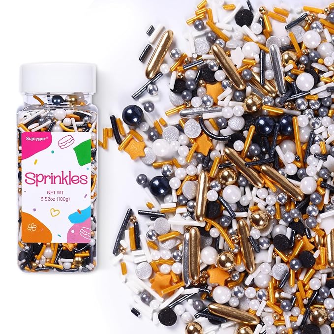 Black Sprinkles for Cake Decorating, 3.52oz Graduation Candy Sprinkles, Metallic Gold and Black Star Sprinkles for Cupcakes Baking Ice Cream Cookies, Wedding Birthday Party Decorations