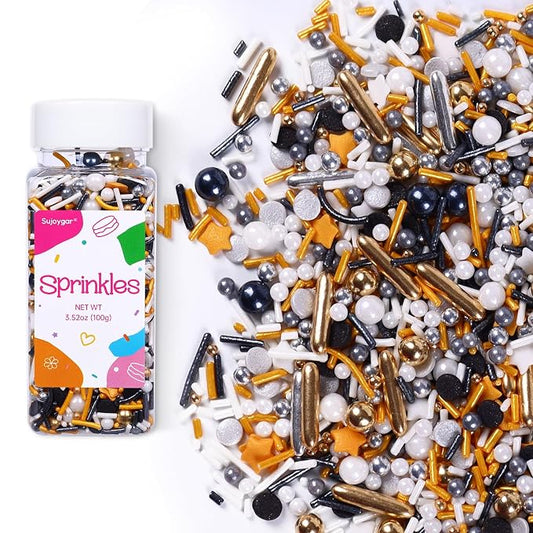 Black Sprinkles for Cake Decorating, 3.52oz Graduation Candy Sprinkles, Metallic Gold and Black Star Sprinkles for Cupcakes Baking Ice Cream Cookies, Wedding Birthday Party Decorations
