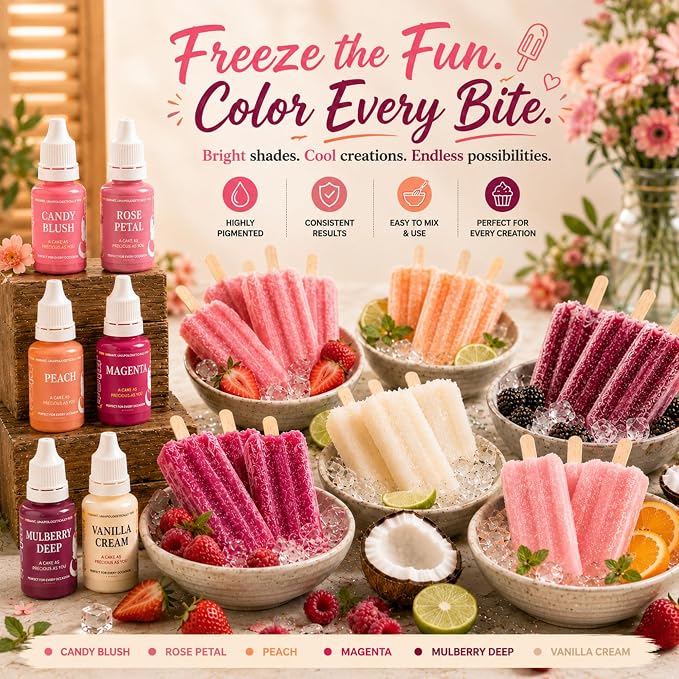 Confect Valentine Water Color Food Coloring Set – Highly Pigmented Oil Based Food Colors for Cakes, Buttercream, Drinks, Popsicles & Baking – 6 Pack × 10mL