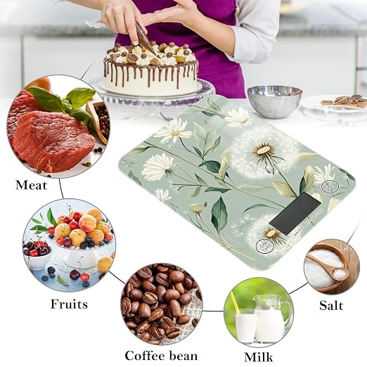 Sage Green Dandelion01 Food Scale Kitchen Digital Scale Food Ounces and Grams Dieting Baking Cooking Waterproof Glass Panels LCD Display,4 Units Tare Function