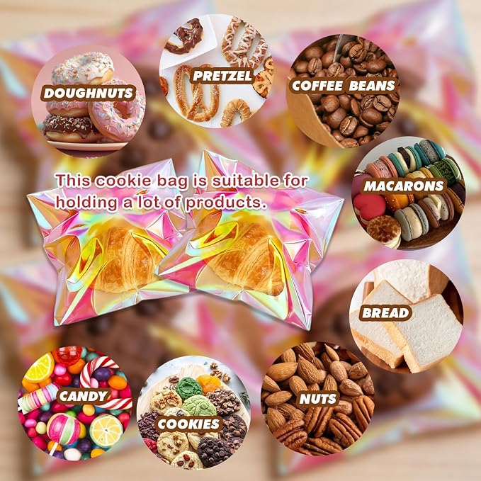 200Pcs Iridescent Cookie Bags Self Sealing Cellophane Treat Bags | Clear Resealable Adhesive Plastic Bags for Cookies, Candy, Party Favors, Gift Packaging (4x4 Inches)