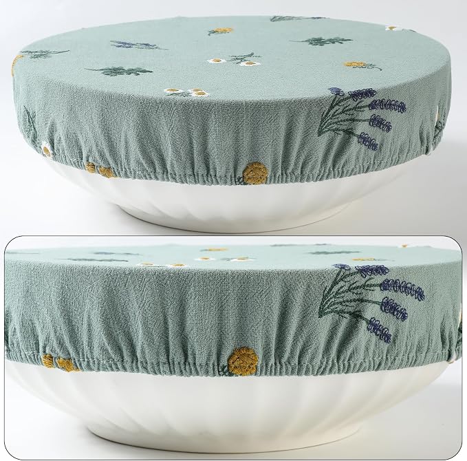 Reusable Bowl Covers for Bread Proofing Baking Embroidered Linen Cotton Cloth Fabric Washable with Elastic Cover for Food Fruit Salad Eco-friendly