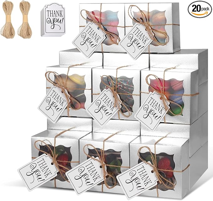 KPOSIYA 20 Pcs Silver Bakery Boxes with Window Individual Cupcake Boxes 4x4x2.5 Inches Cookie Boxes Kraft Paper Silver Gift Box for Pastries, Cookies, Pie, Donuts, Macaroon