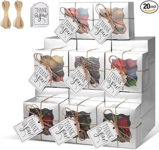 KPOSIYA 20 Pcs Silver Bakery Boxes with Window Individual Cupcake Boxes 4x4x2.5 Inches Cookie Boxes Kraft Paper Silver Gift Box for Pastries, Cookies, Pie, Donuts, Macaroon