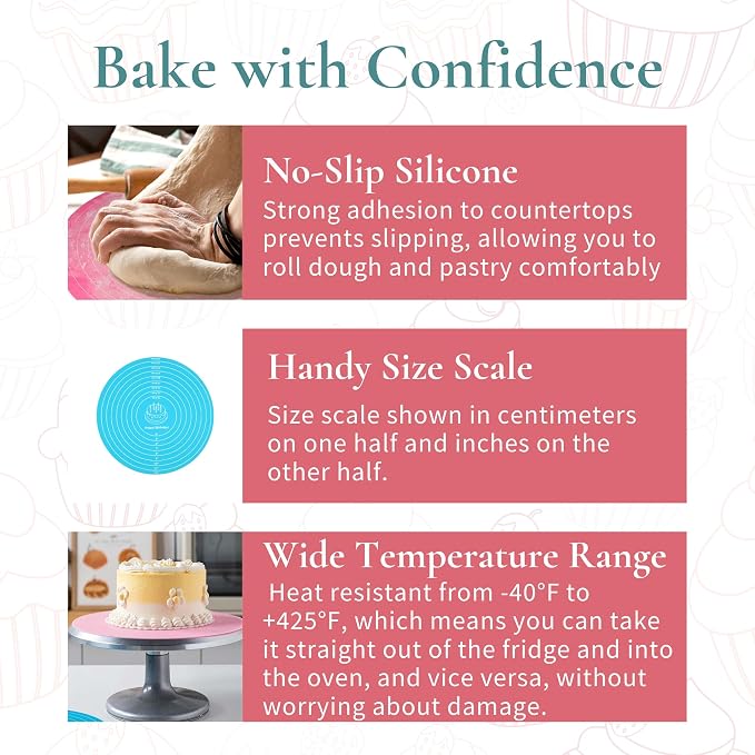 Silicone Cake Mat 2Pcs 12 Inch Round Baking Mats with Measurements Reusable Turntable Pastry Mats for Rolling Dough, Cakes, Pizza, and Cookies (1, Pink)