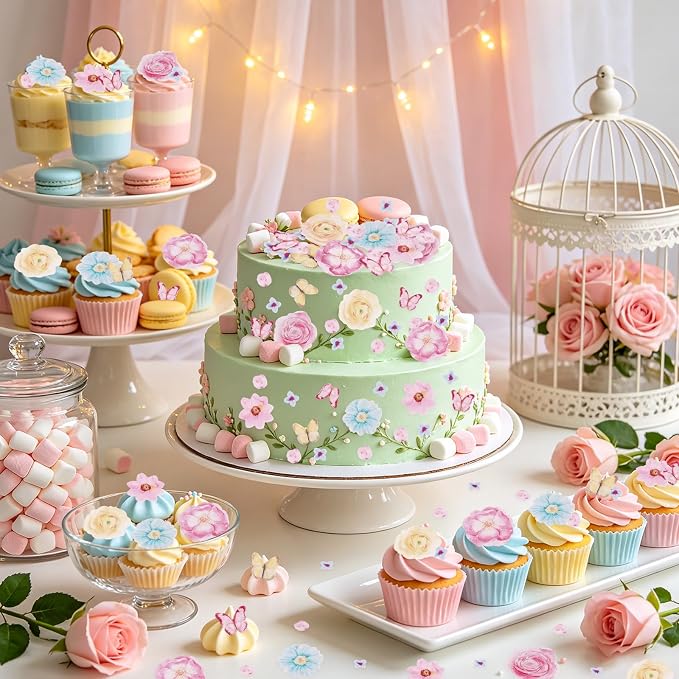 Morofme 52pcs Edible Flower Cake Topper Wafer Paper Flowers Hawaiian Flower Cupcake Decor Spring Aloha Cupcake Decorations Tropical Themed Mixed Size for Baby Shower Birthday Summer Party Supplies