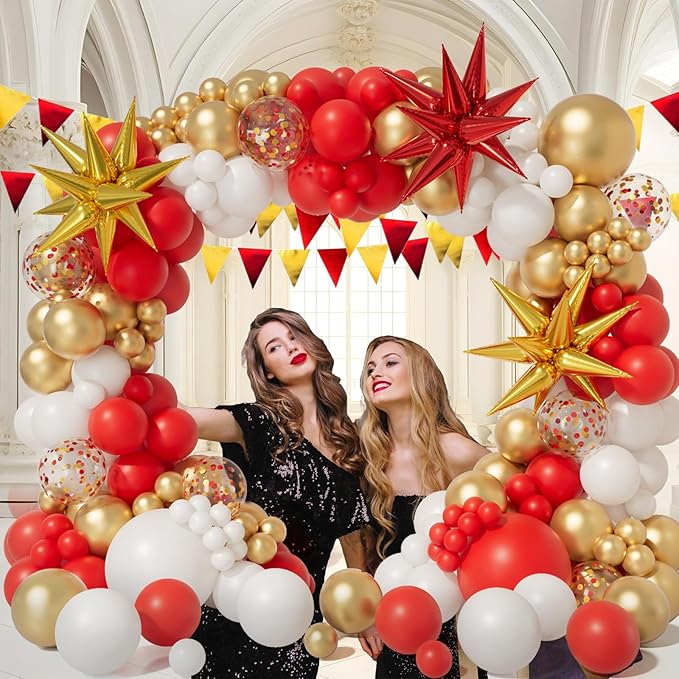 Bonropin Red White and Gold Balloon Garland Arch Kit 158pcs with Red and Gold Confetti Balloons, Star Foil Balloons, for New Year Graduation Anniversary Birthday Party Decorations