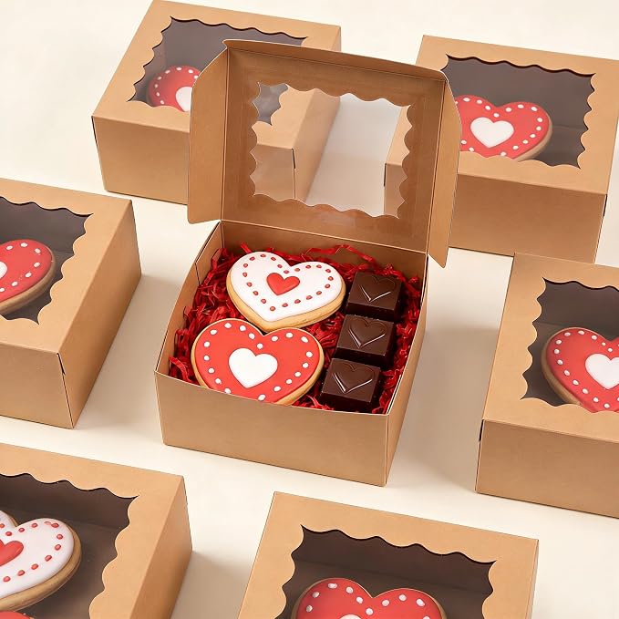XINHPKGG 100pcs Cookie Boxes 4x4x2.5 Inch Bakery Boxes with Window Treat Box Dessert Box for Wedding Favors Party - Brown