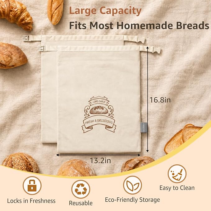 Bread Bags for Homemade Bread & Sourdough - 2 Pack Reusable Beeswax Bread Bags, 100% Cotton with Detachable Liner & TPU Freezer Bag, 17x13in, Freezer Safe & Washable