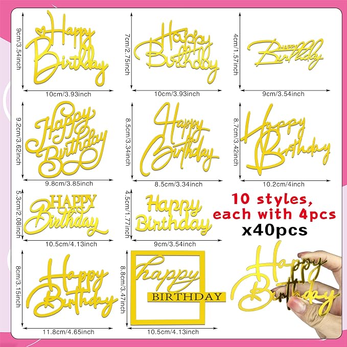 40 PCS Gold Happy Birthday Cake Toppers Mirror Acrylic Toppers with 10 Styles or Birthday Party Cake Desserts Pastries