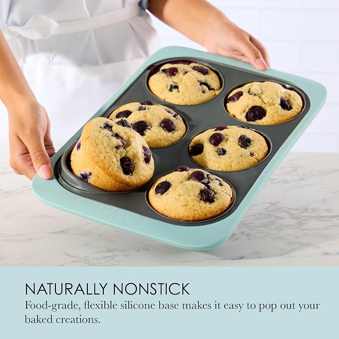 Chicago Metallic Silicone Muffin Pan, 6 Cup Nonstick Cupcake Tin with Wire-Reinforced Rim, Flexible Bakeware for Muffins, Egg Bites and More, Oven Safe to 428F, 10 x 8.6 Inches, Blue