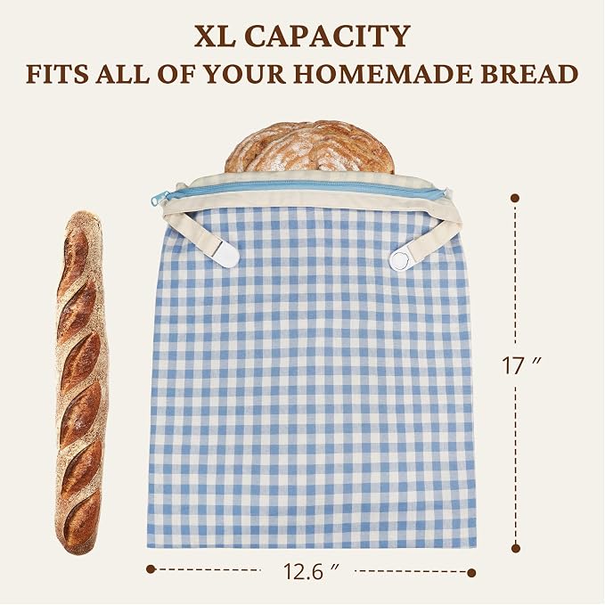BRONYPRO Reusable Beeswax and Linen Bread Bags with Zipper, 2-Pack Waxed Bread Bags for Homemade Bread & Sourdough, Sustainable Loaf Storage to Lock in Freshness, Large 17x12.6in, Blue Gingham