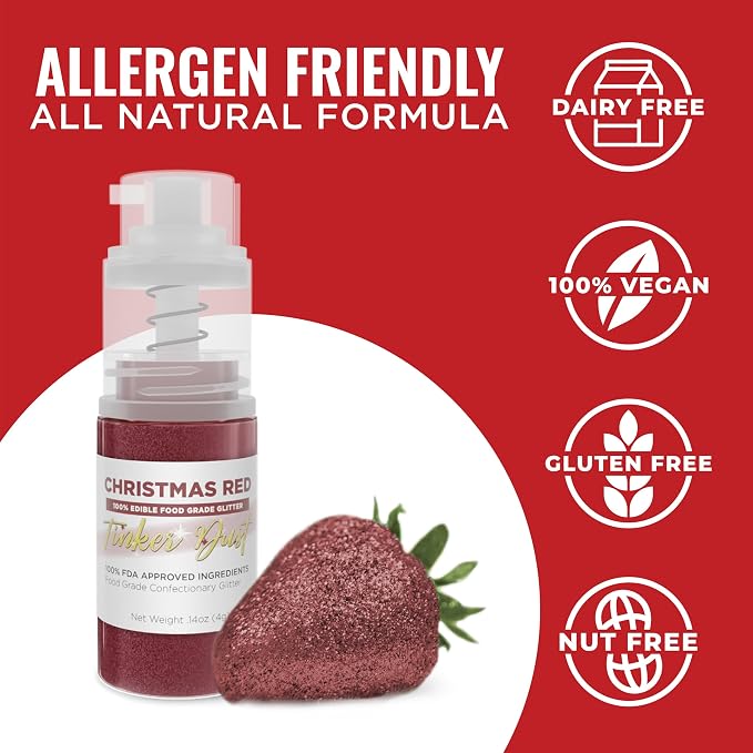 Bakell - Christmas Red Tinker Dust (4g, 1x Mini Spray Pump) Edible Glitter for Food, Desserts, and Baked goods!