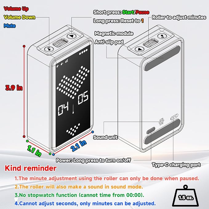 Visual Timer, Rechargeable Digital Hourglass Timer with LED Display | Large display, magnetic back and adjustable volume for classroom, kitchen, fitness, study and kids learning