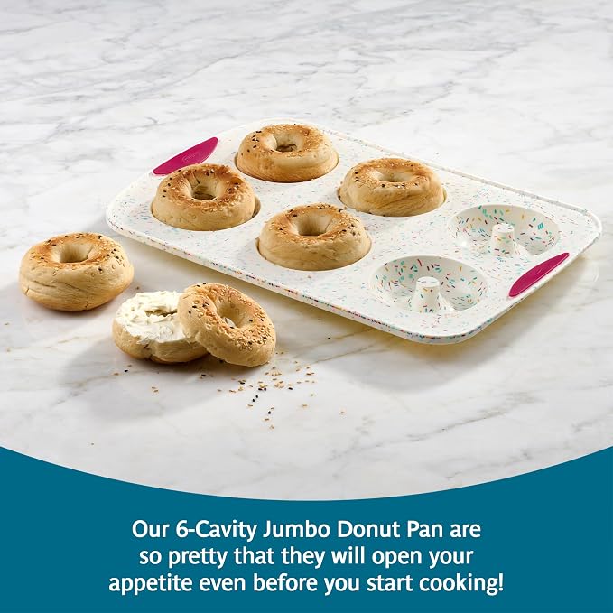 Trudeau Jumbo Donut Pan – Nonstick 6 Cavity Mold, White Confetti/Fuchsia – Silicone Baking Pan for Homemade Donuts, Muffins, Cakes, Bagels, Pastries & Baked Treats – Dishwasher & Oven Safe