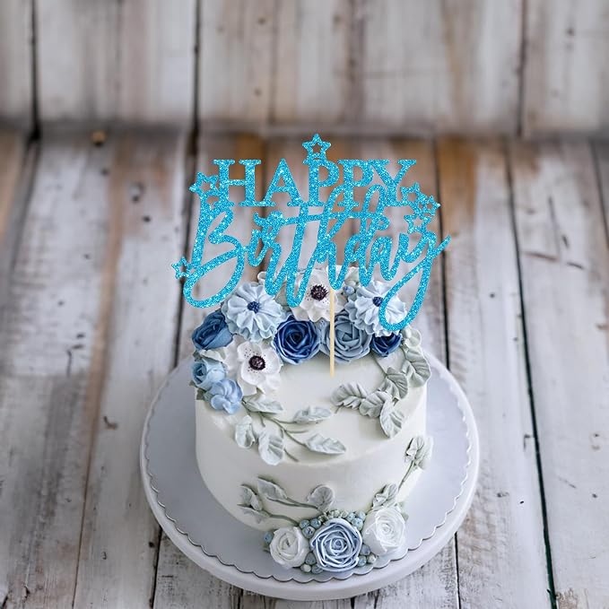 Gyufise 1Pcs Happy Birthday Cake Topper Glitter Happy Birthday Cake Pick for Celebrating Happy Birthday Anniversary Theme Party Cake Decorations Supplies Light Blue