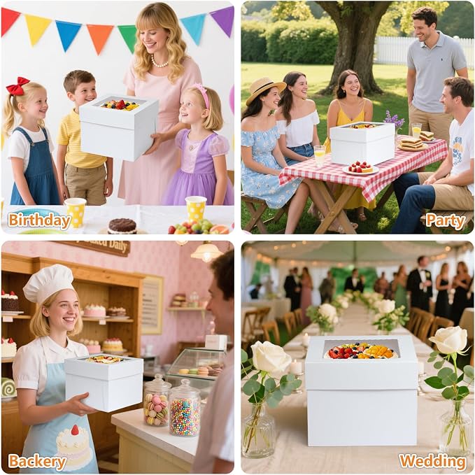 20 Packs Cake Box 12 inch with Cake Board and Clear Windows (10 Pcs Box + 10 Pcs Board) Disposable Cake Containers Bakery Take Out Container Cake Carrier for Cookies Pies (12x12x8inch)