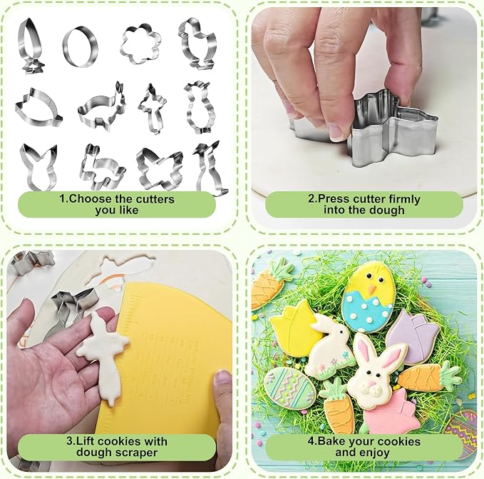 Easter Cookie Cutter Set - 12Pcs Mini Cookie Cutters Variety Pack with Dough Scraper, Stainless Steel Cookie Mold for Biscuits, Fondant, Sandwiches and Pancakes, Style B
