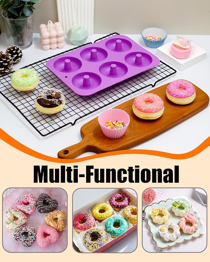 Silicone Donut Pan 3pcs Non-Stick Doughnuts Baking Pans for Donuts, 6 Cavity Fluted Tube Cake Silicone Mold for Baking (Orange+Pink+Purple)