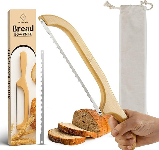 Wooden Bread Bow Knife, 15.7'' Serrated Bread Knife for Homemade Bread with Reliable 1 Extra Blade, Sourdough Slicer and Reusable Bread Bags Set - Gift for Baker